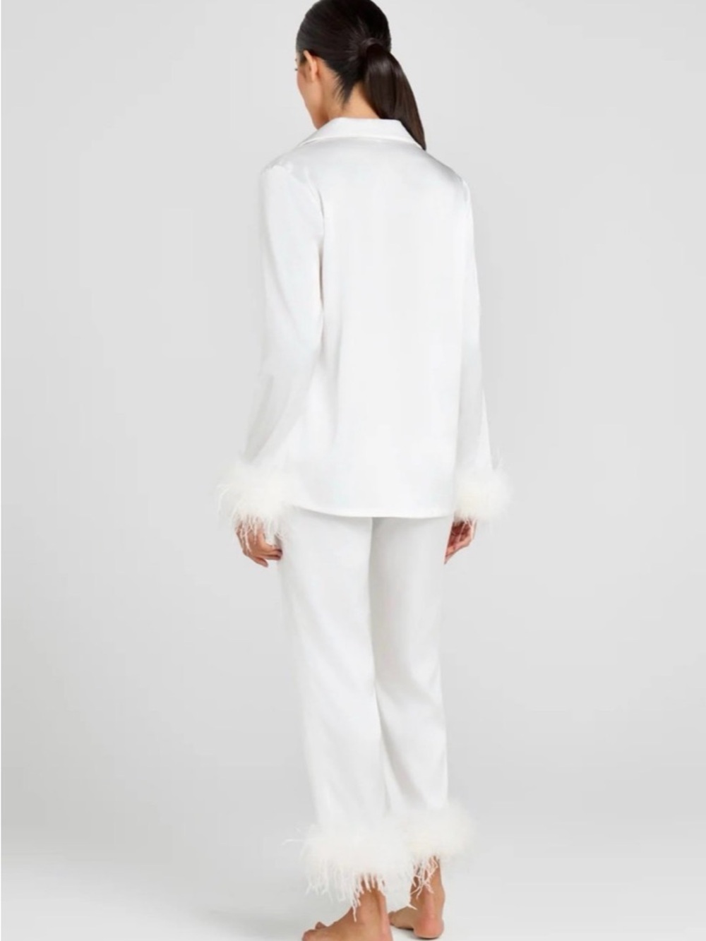 NADINE MERABI White Feather-Trim Satin Lounge Set White - Picture 2 of 8
